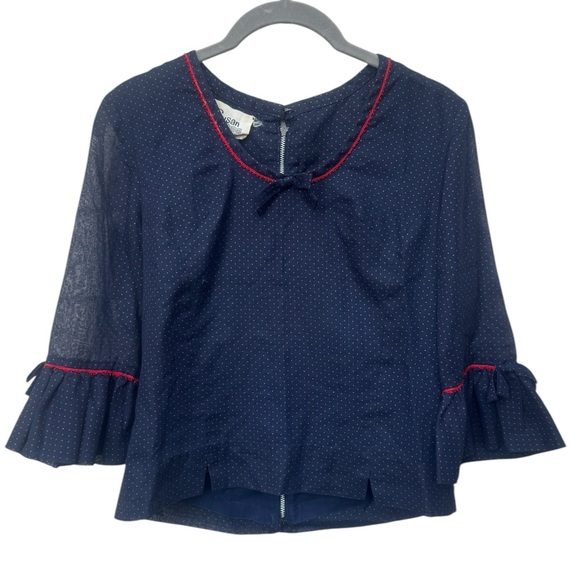 Vintage Susan Thomas Blouse Navy with Red Polka Dots - Picture 3 of 9
